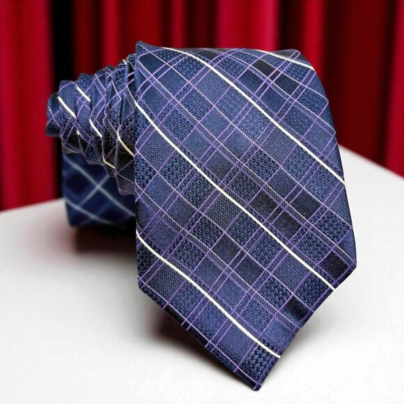 MICHAEL Michael Kors Purple Check Grid Geometrical Silk Necktie 59" - Picture 1 of 8